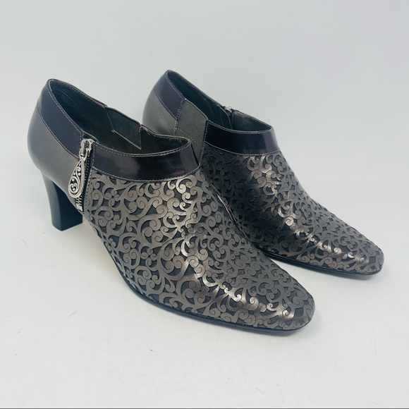 Brighton Rhythm Metallic Pewter Laser Cut Leather Heeled Shoe 11M NEW - Picture 9 of 10
